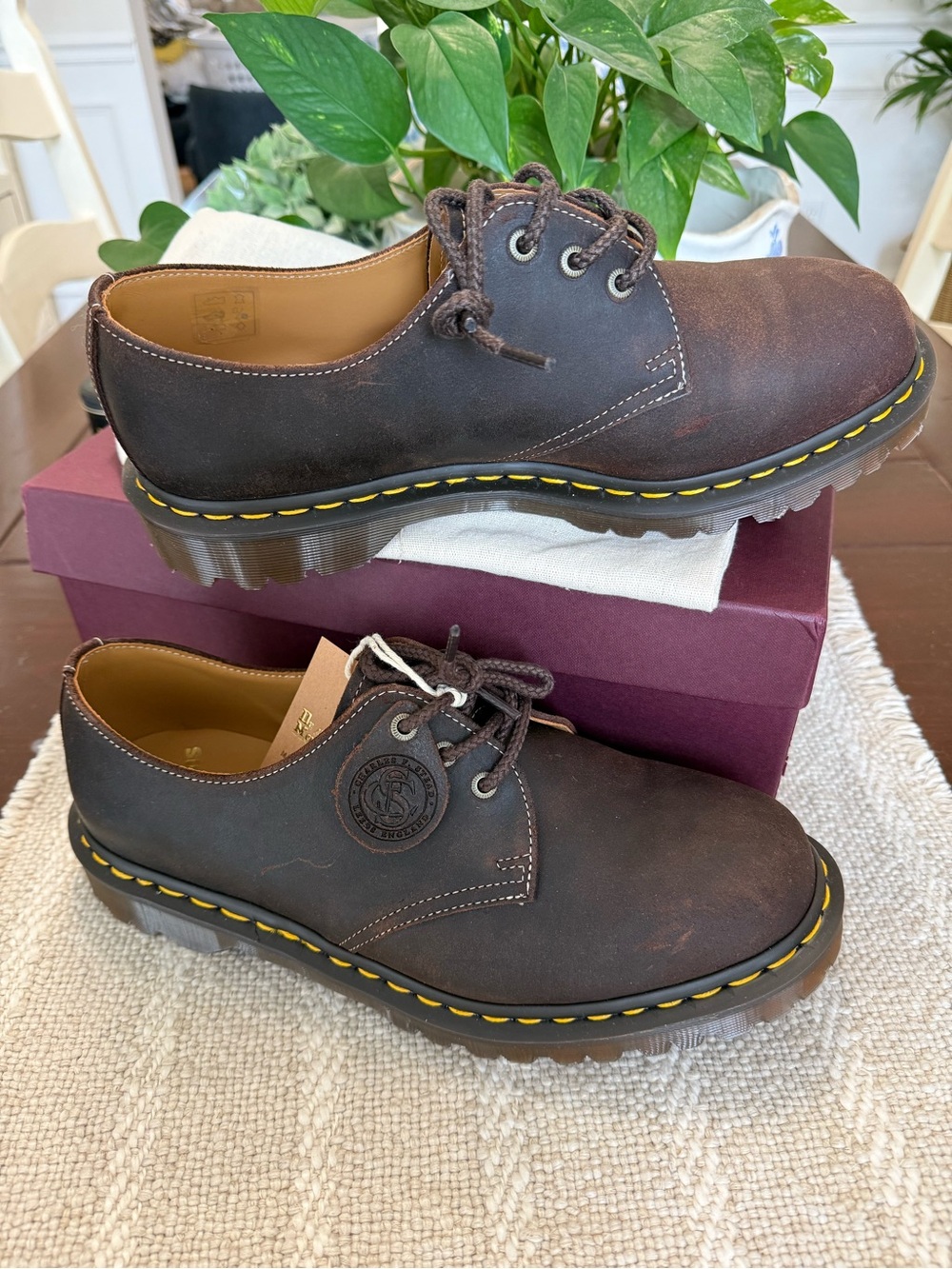 Dr. Martens Brown Leather 3-Eye Derby with Yellow Stitching